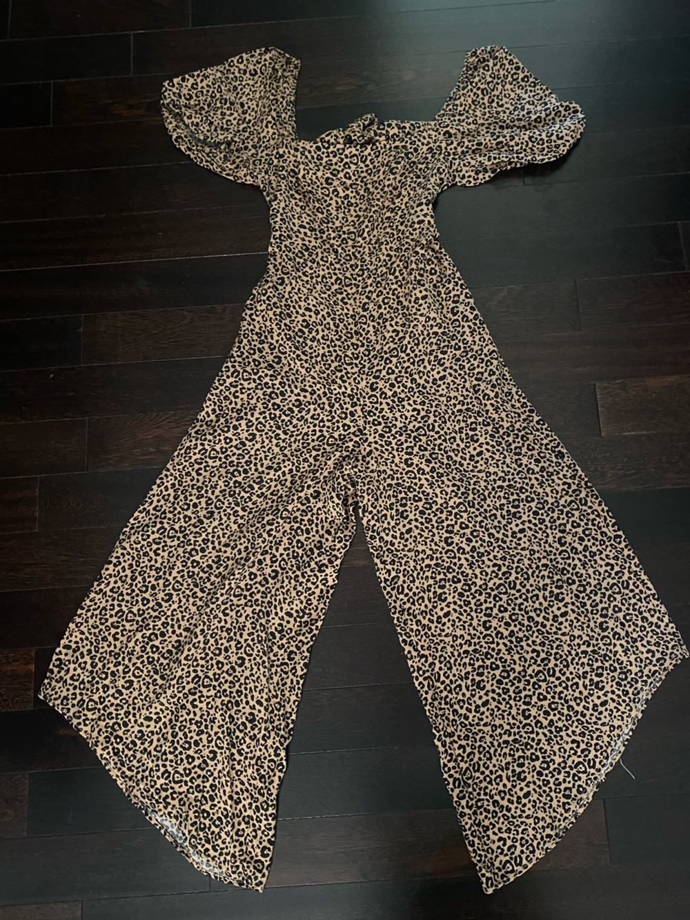 miami Beige and Black Leopard Wide Leg PETITE Jumpsuit with Puff Sleeves